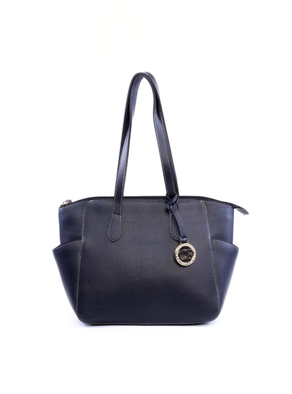 Bolsa Tote Tiracolo com Bolsos Laterais e Charm em Strass - Preta BSI-6046 - PR