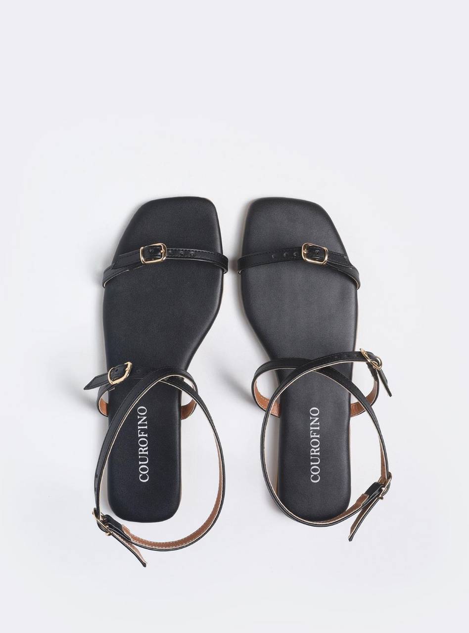 Sandália Feminina Rasteira Fivelas - Preta SDI-11559 - PR