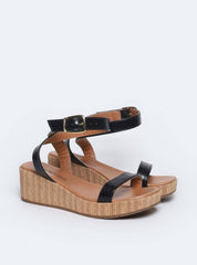 Sandália Feminina Plataforma Anabela Couro - Preta SDI-11561 - PR