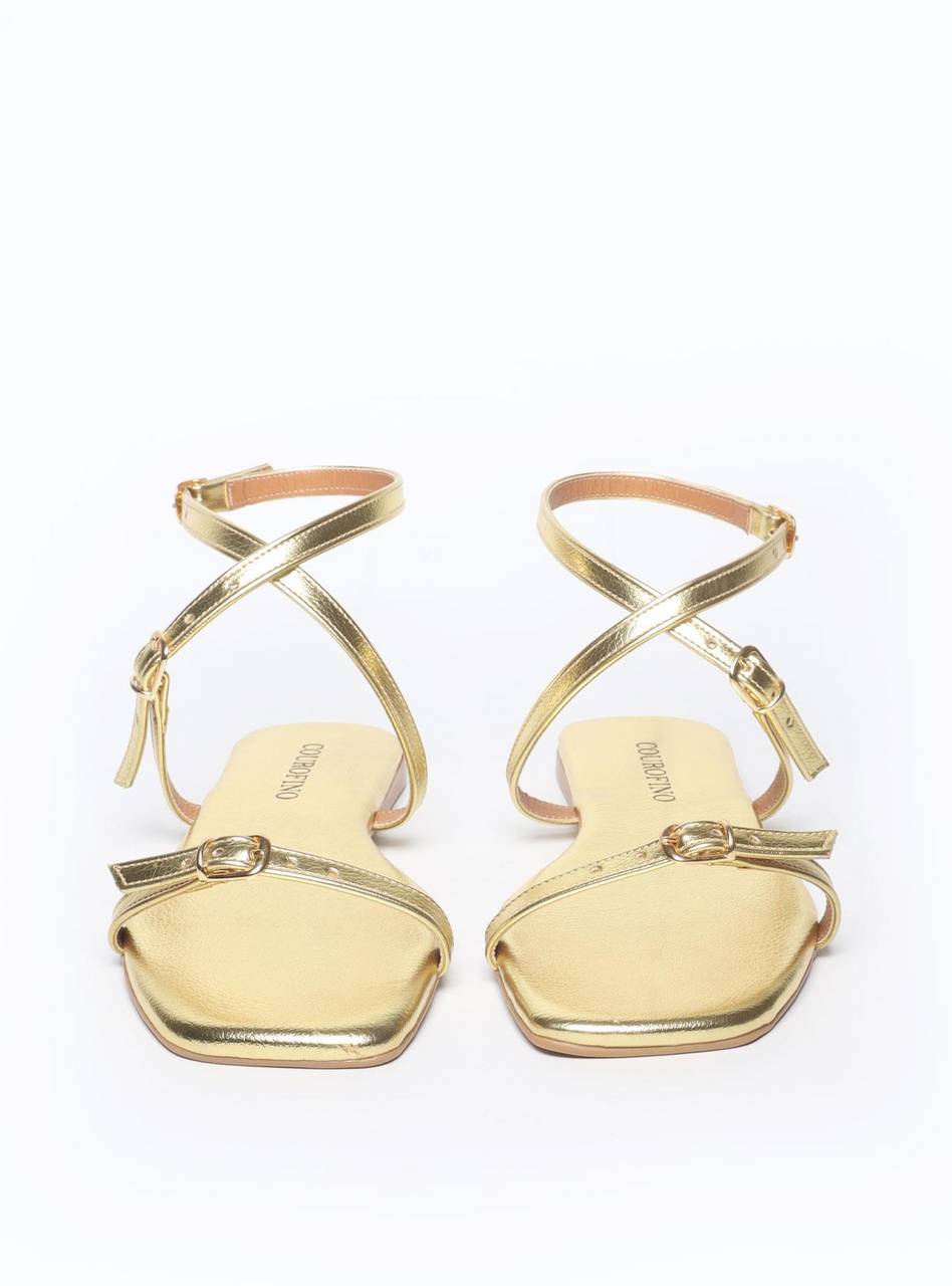 Sandália Feminina Rasteira Fivelas - Ouro SDI-11559 - AU