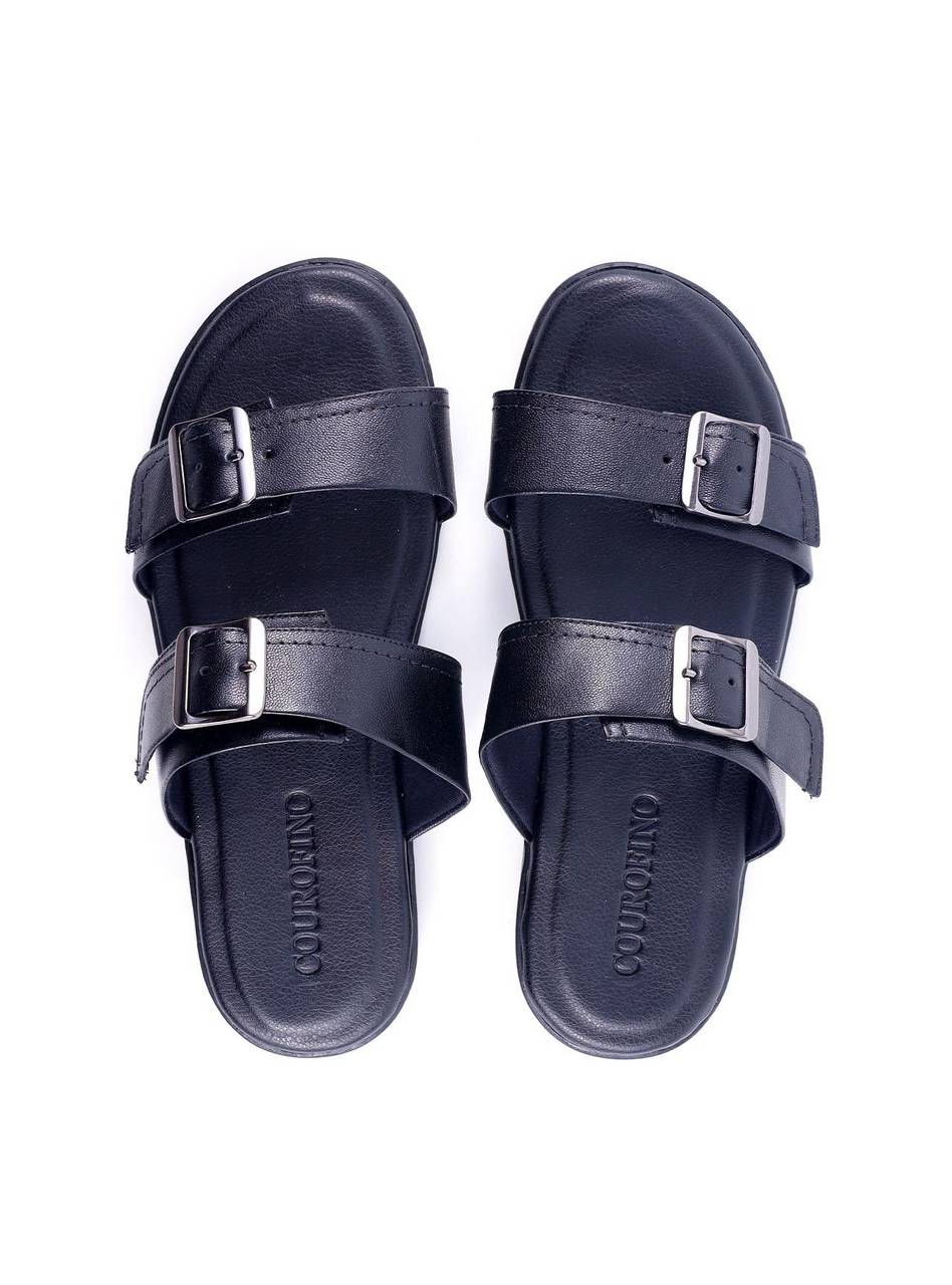 Chinelo Masculino Slide em Couro com Duas Fivelas - Preta SDI-11768 - PR