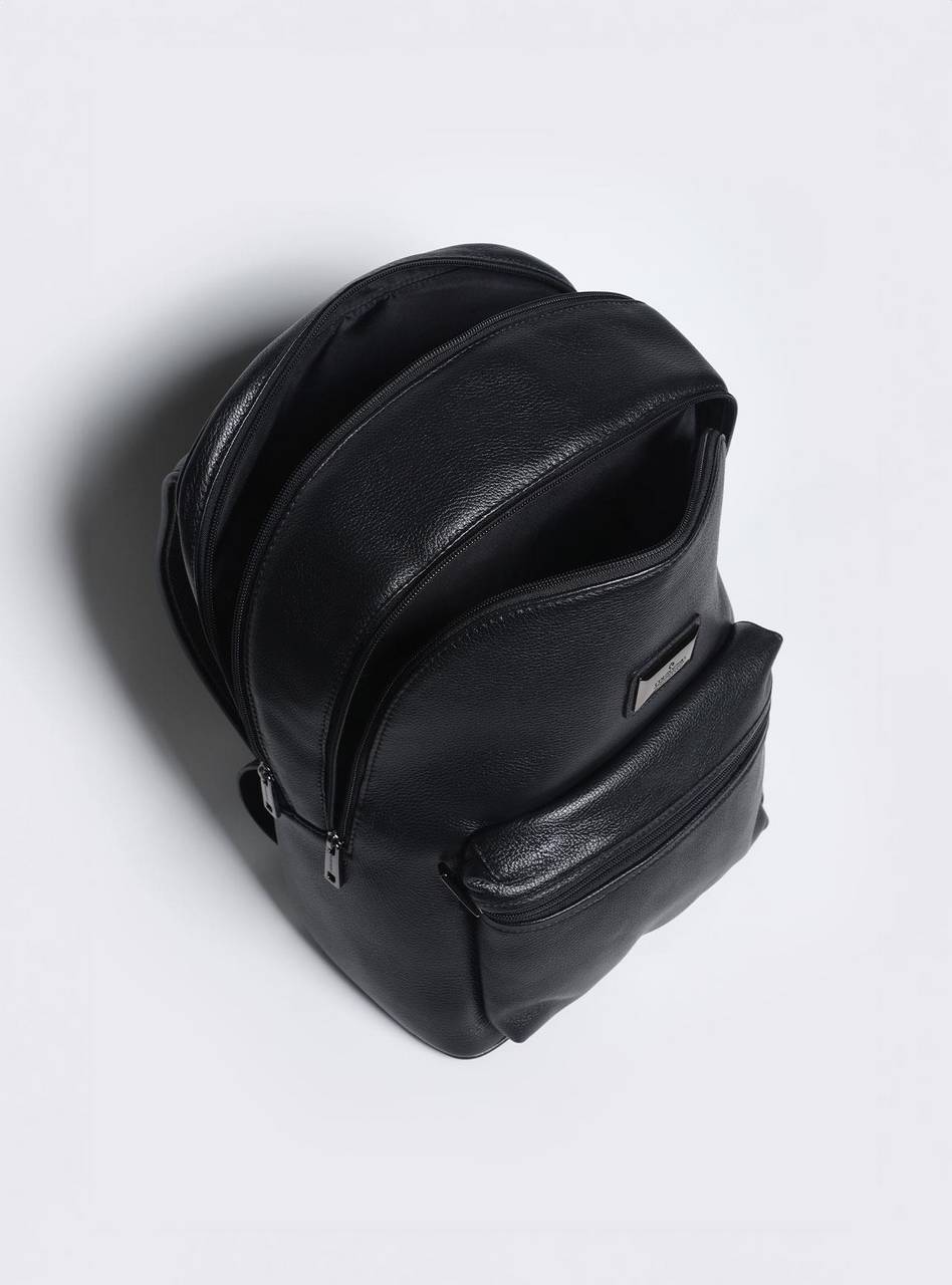 Mochila Masculina Casual Couro Grande Bolso Frontal Preta MEI-440 - PR