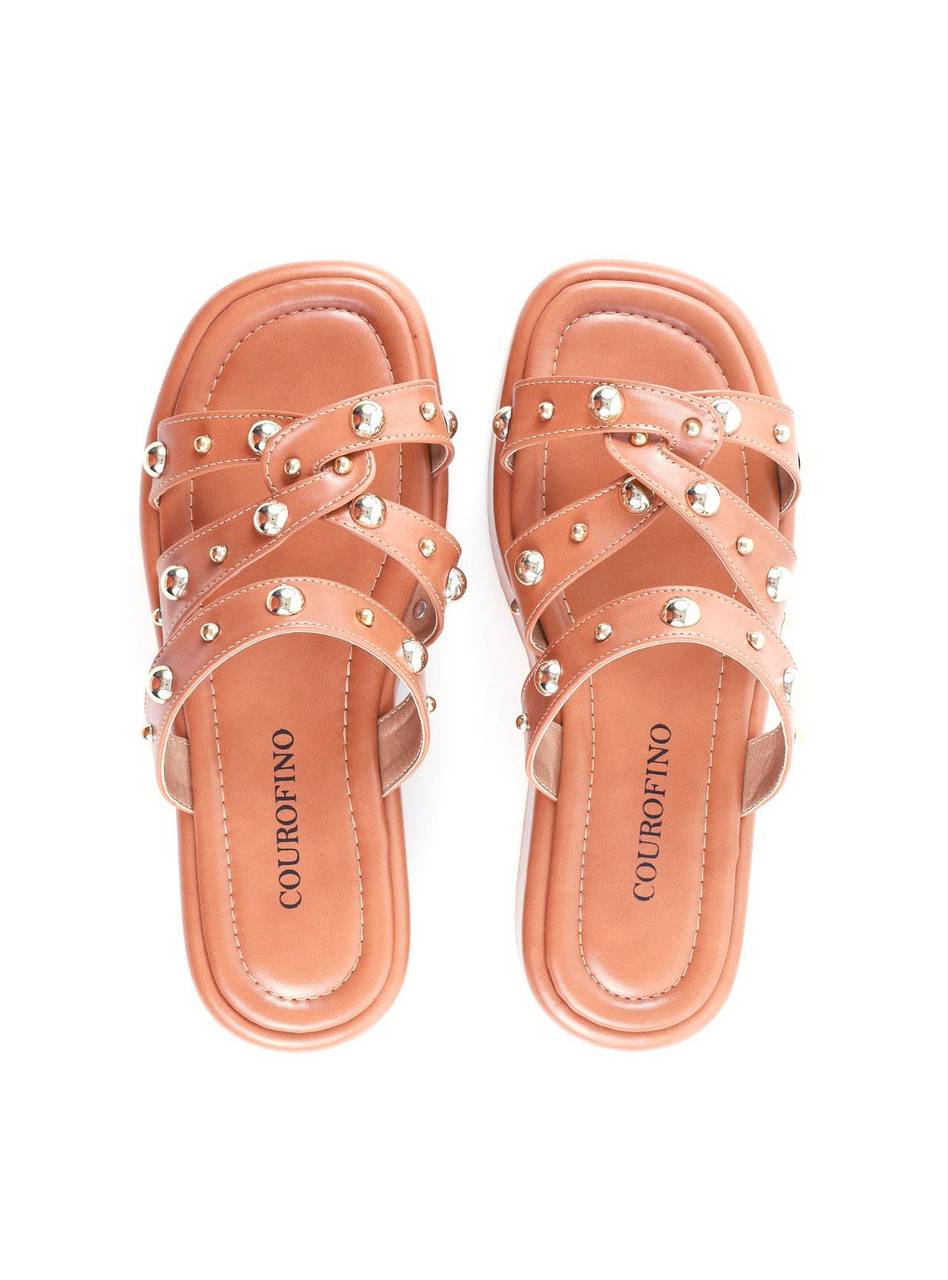 Flatform com Tiras Cruzadas e Rebites - Nude SDI-11819 - NU