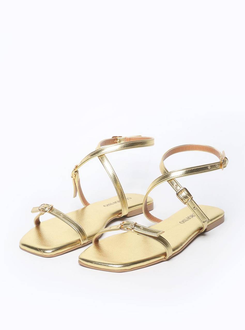 Sandália Feminina Rasteira Fivelas - Ouro SDI-11559 - AU