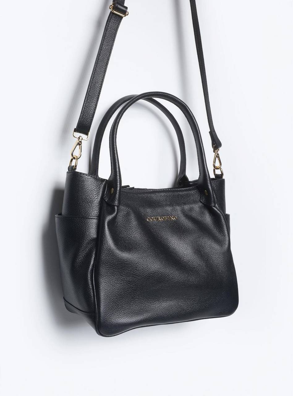 Bolsa Tote Couro Tiracolo Bolsos Laterais Preta BSI-5862 - PR