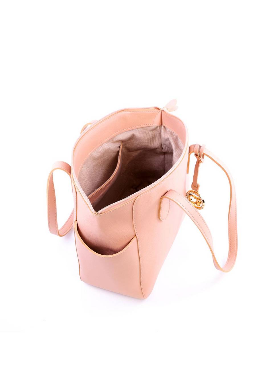 Bolsa Tote Tiracolo com Bolsos Laterais e Charm em Strass - Nude BSI-6046 - NU