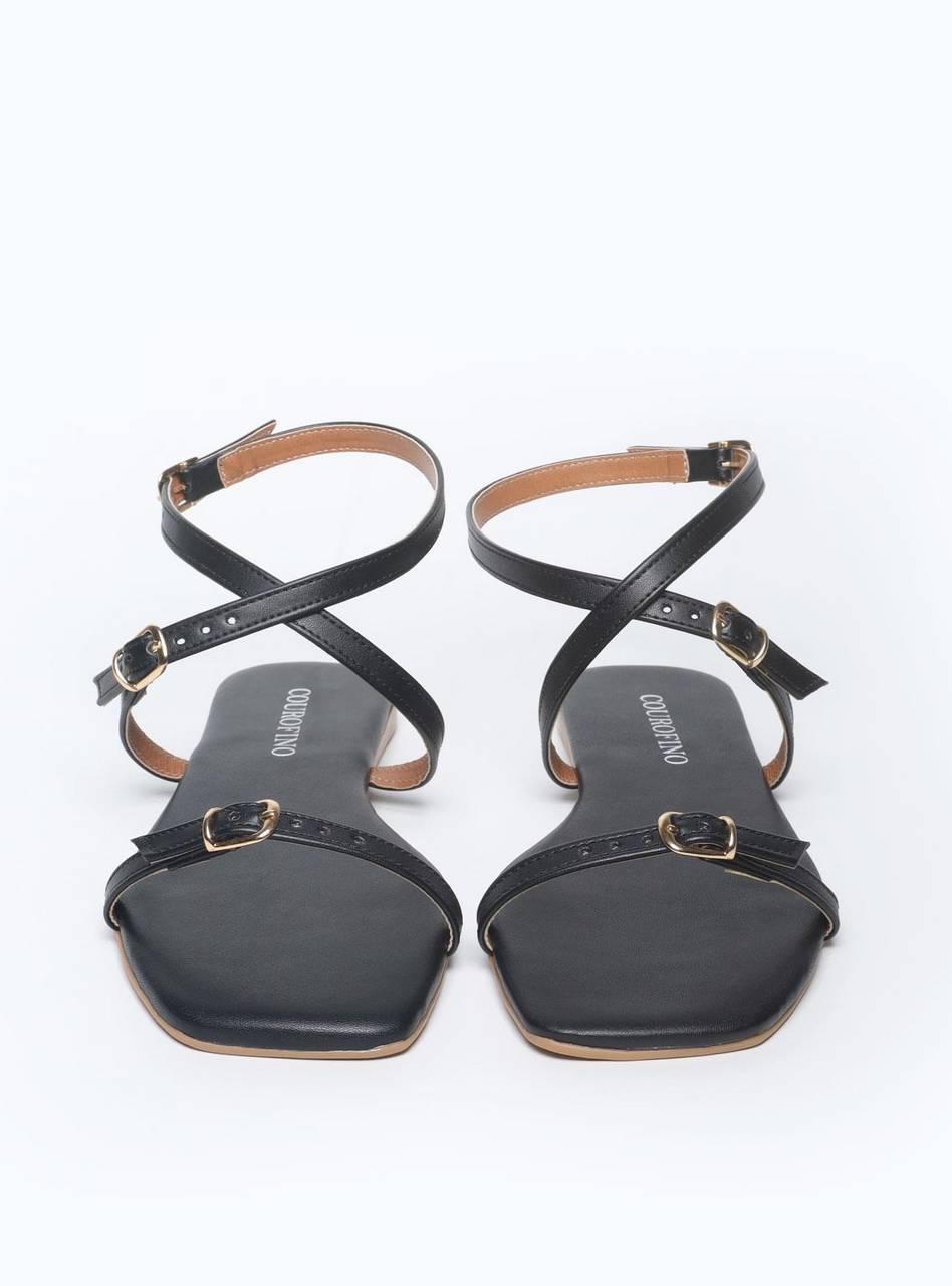Sandália Feminina Rasteira Fivelas - Preta SDI-11559 - PR