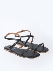 Sandália Feminina Rasteira Fivelas - Preta SDI-11559 - PR