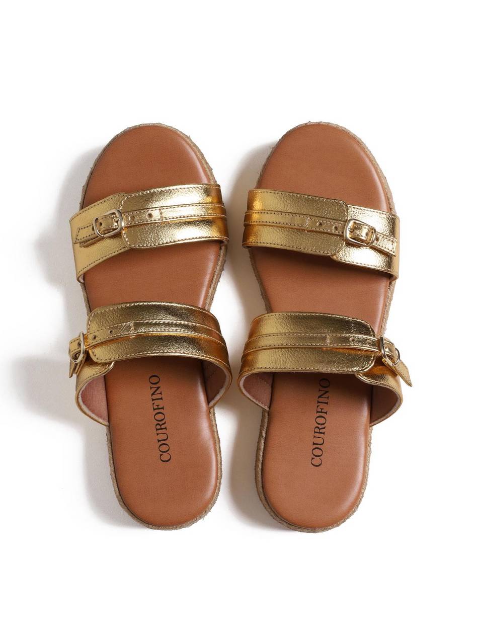 Sandália Flatform Salto em Cordas com Duas Tiras com Fivelas - Ouro SDI-11677 - AU