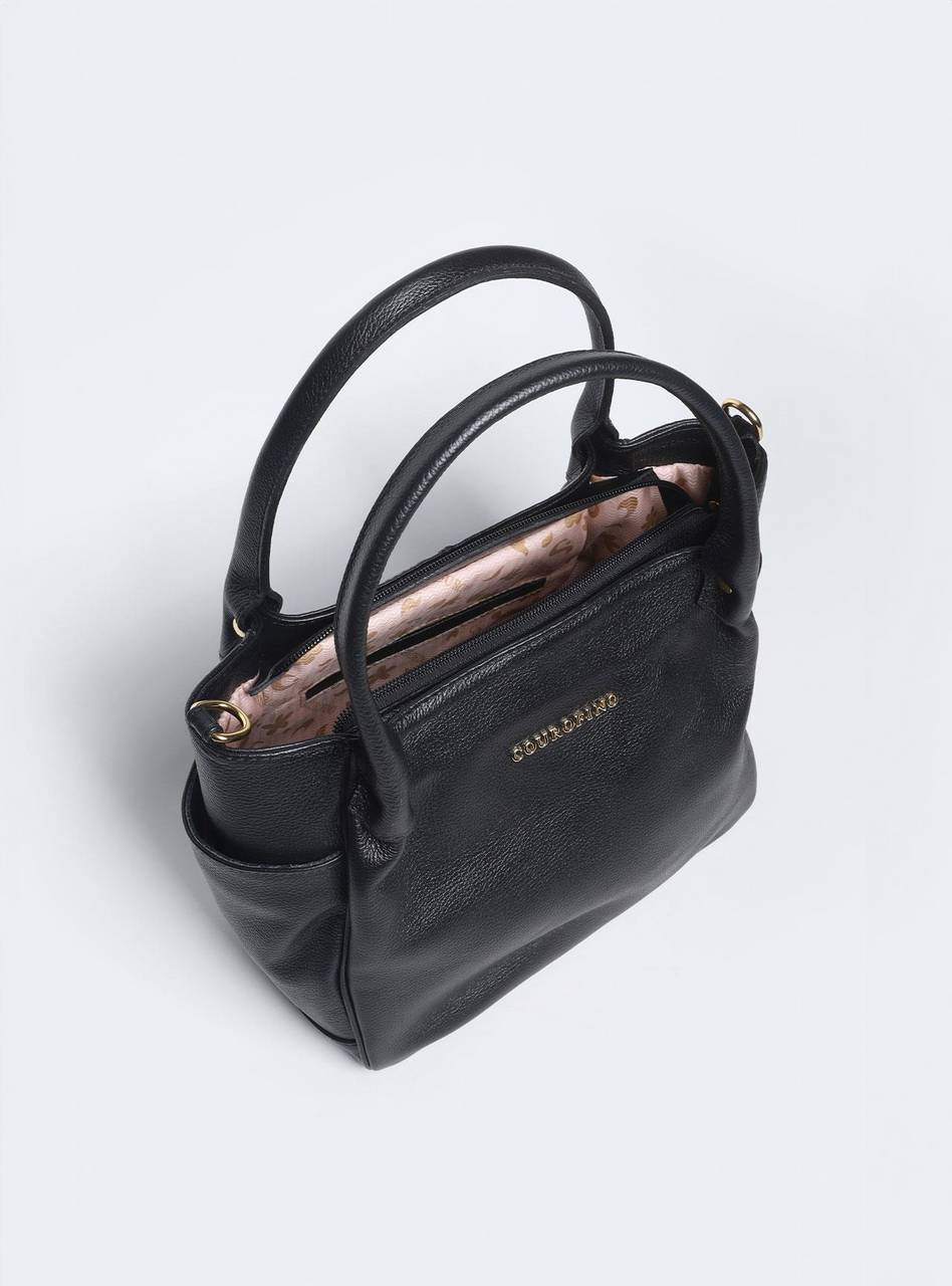 Bolsa Tote Couro Tiracolo Bolsos Laterais Preta BSI-5862 - PR