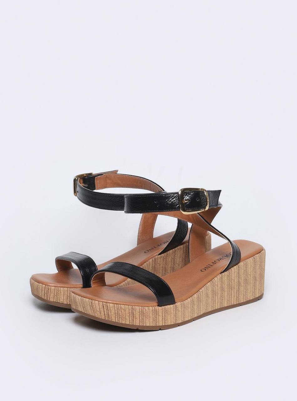 Sandália Feminina Plataforma Anabela Couro - Preta SDI-11561 - PR