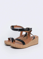Sandália Feminina Plataforma Anabela Couro - Preta SDI-11561 - PR