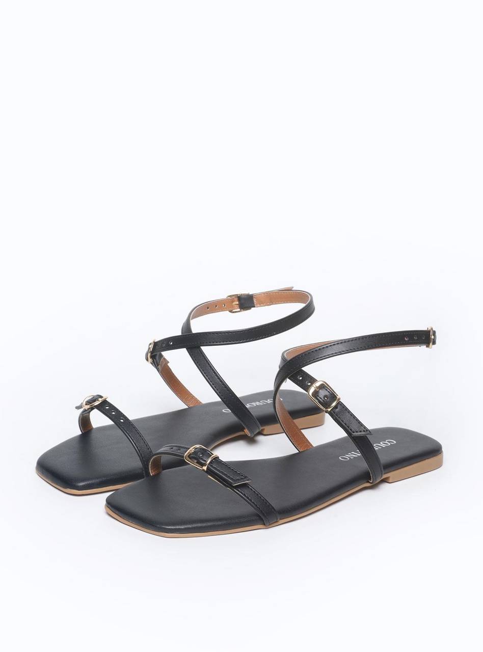 Sandália Feminina Rasteira Fivelas - Preta SDI-11559 - PR