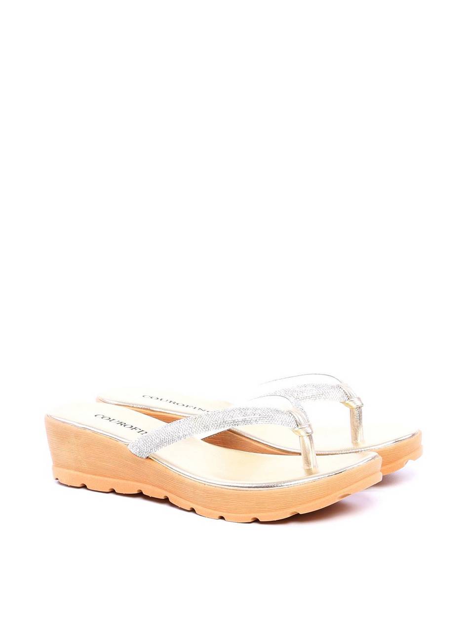 Sandália Feminina Tamanco Anabela Comfort com Tiras em Strass - Ouro SDI-11699 - AU