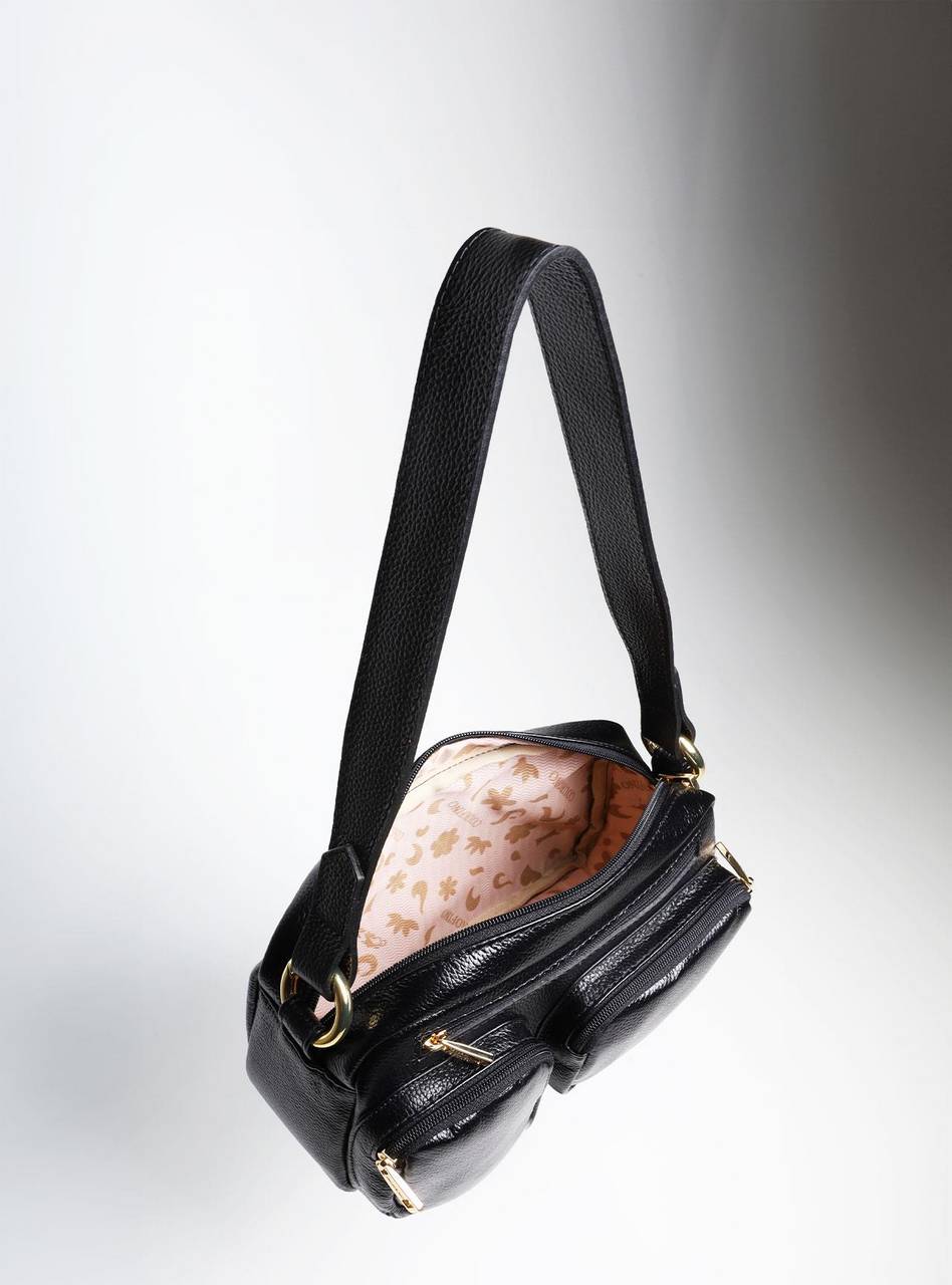 Bolsa Baguete Couro Alça Removível Preta BSI-5782 - PR