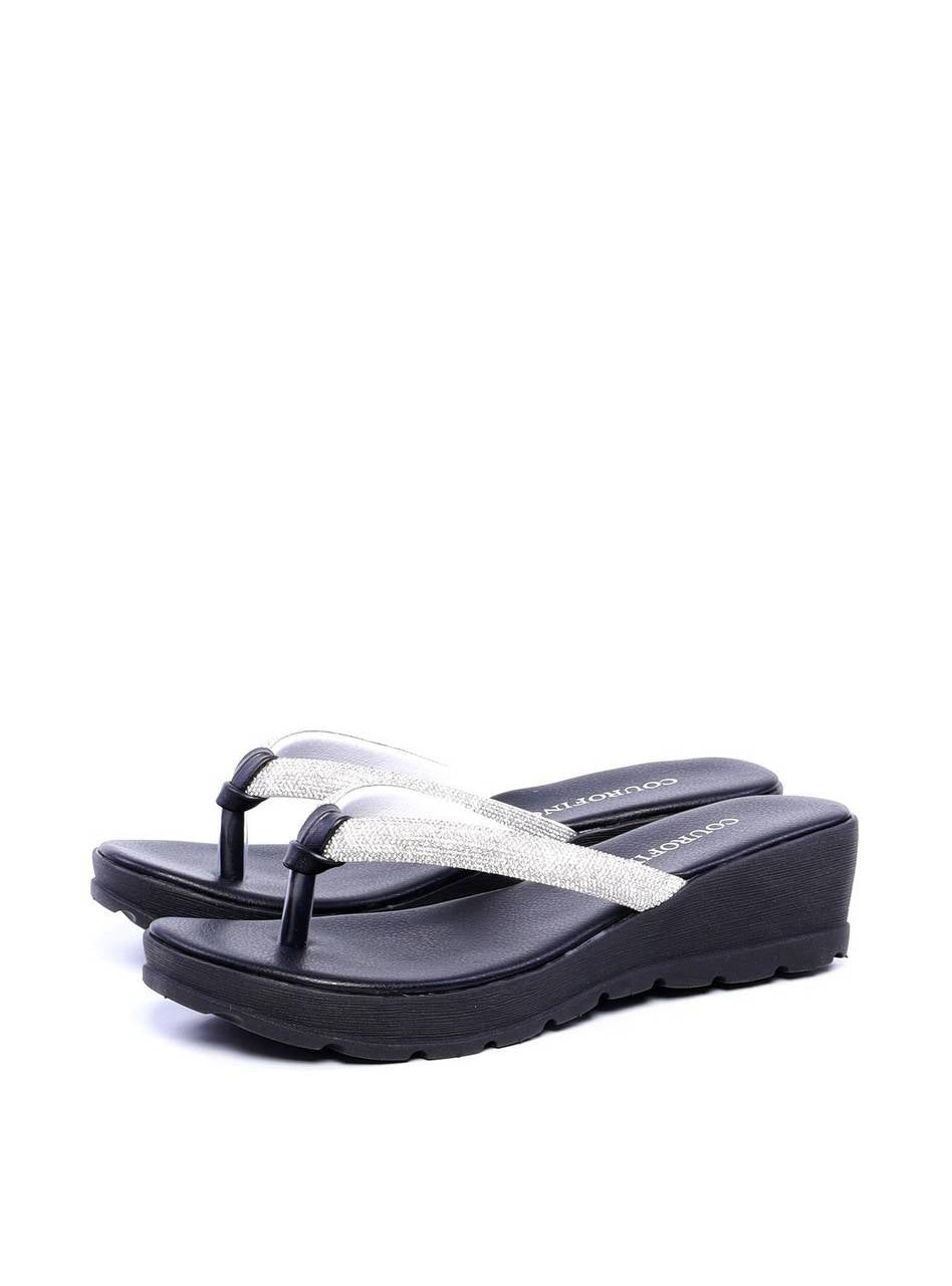 Sandália Feminina Tamanco Anabela Comfort com Tiras em Strass - Preta SDI-11699 - PR
