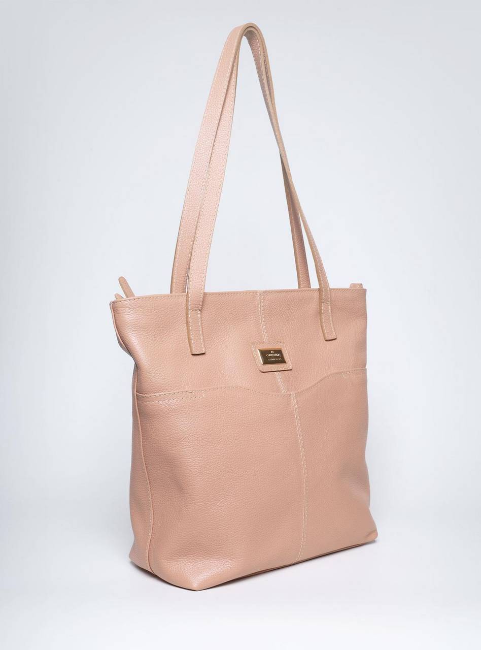 Bolsa Tote Feminina Tiracolo Sacolão Grande Placa Sobreposta Nude BSI-5623 - NU