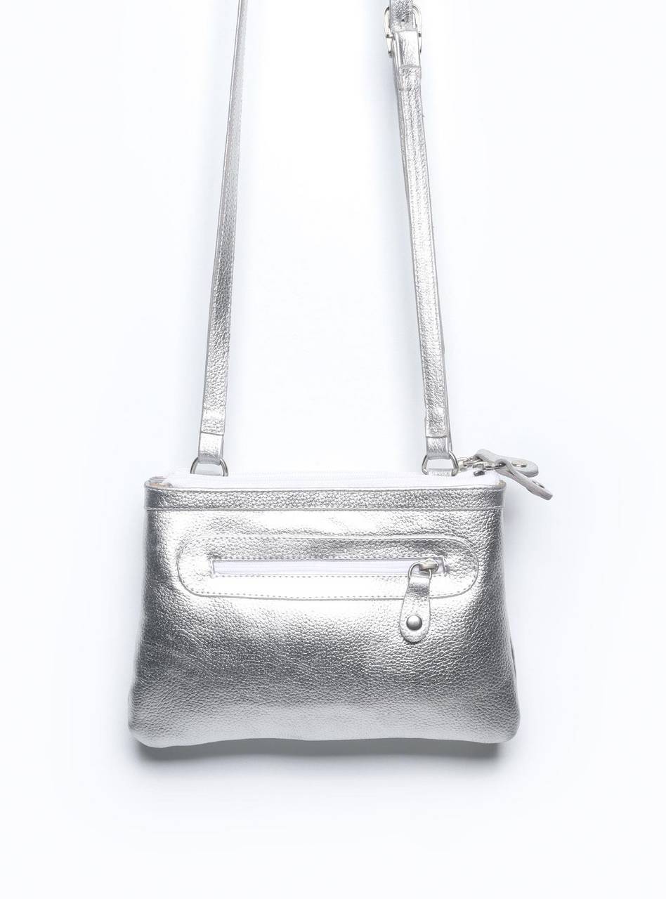 Bolsa Clutch Pequena Duas Divisórias Couro Prata BSI-3728 - PT