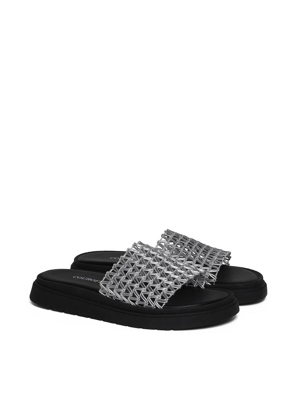 Sandália Flatform Slide com Tiras Tramadas - Prata SDI-11654 - PT