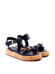 Sandália Papete com Salto de Cortiça e Fivelas - Preta SDI-11740 - PR