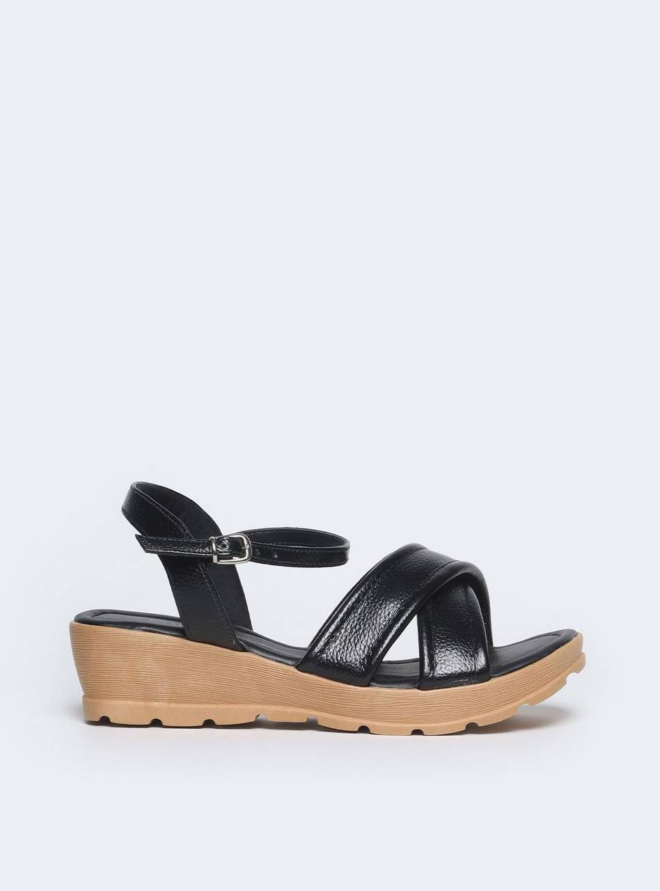 Sandália Feminina Couro Anabela Tiras Cruzadas - Preta SDI-11576 - PR