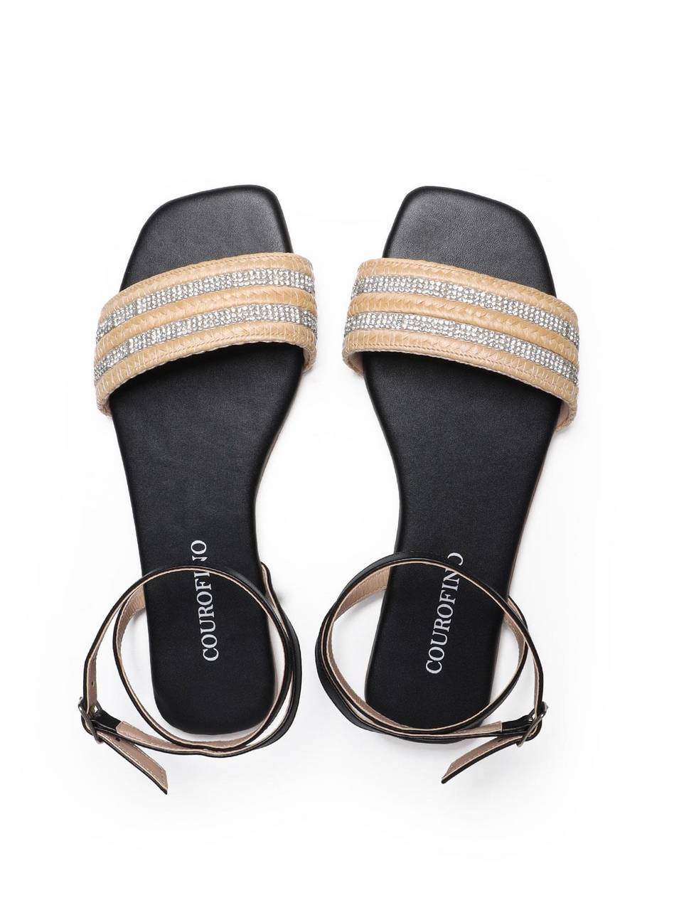 Sandália Feminina Rasteira Rosto Palha - Preta SDI-11641 - PR