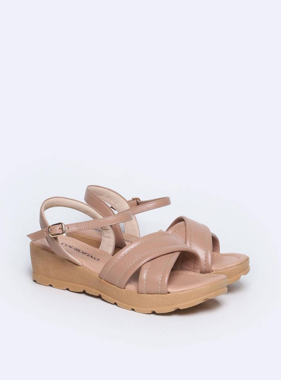 Sandália Feminina Couro Anabela Tiras Cruzadas - Nude SDI-11576 - NU