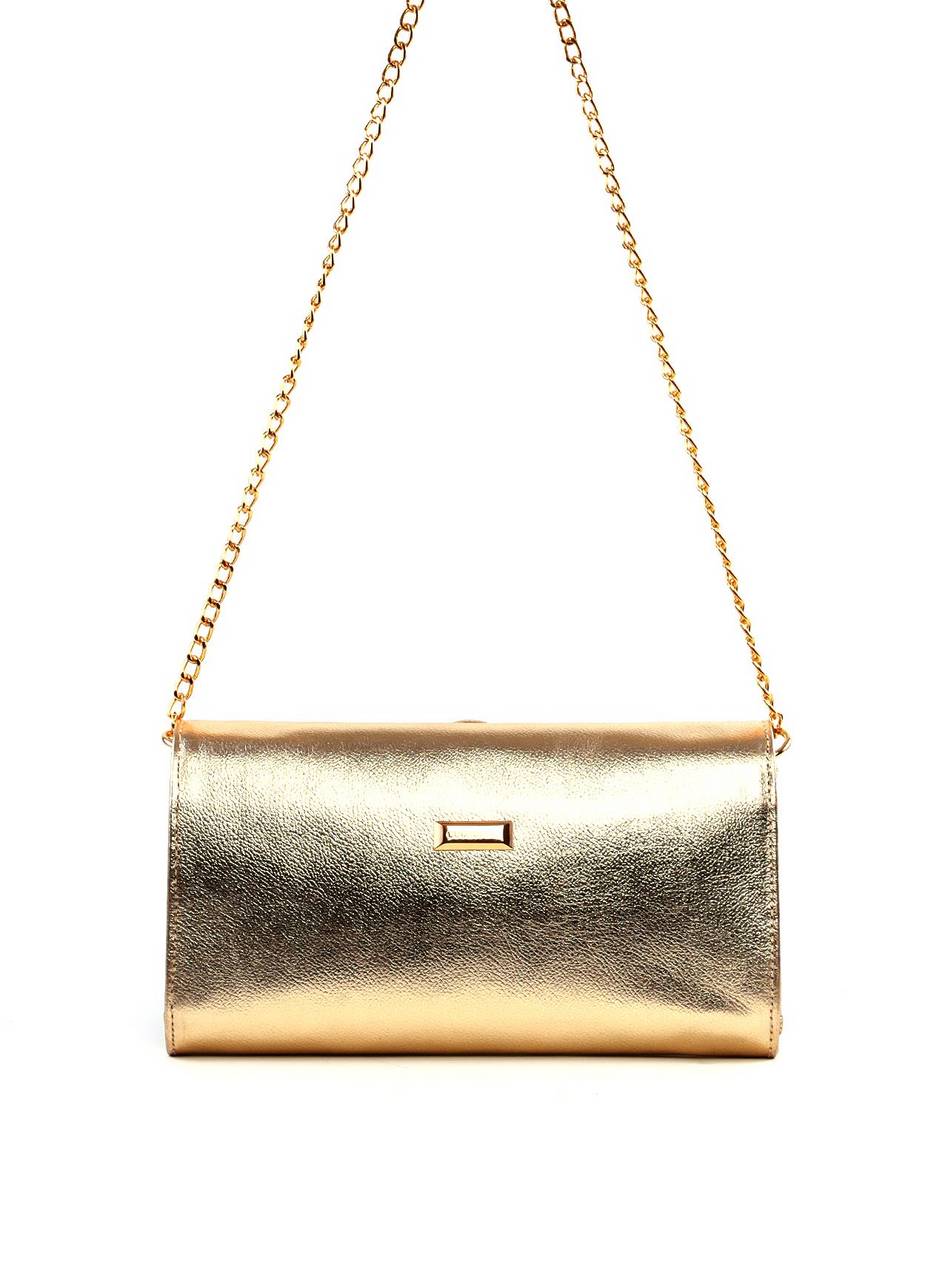 Bolsa Clutch Retangular Enfeite Flor Alça Corrente - Ouro BSI-6372 - AU