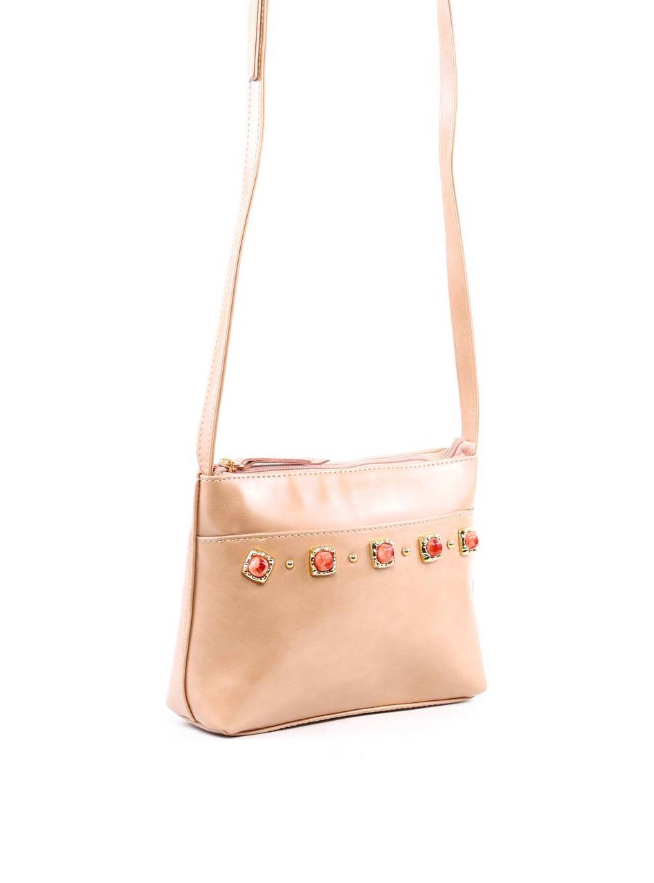 Bolsa Tote Transversal com Pedraria - Nude BSI-6362 - NU