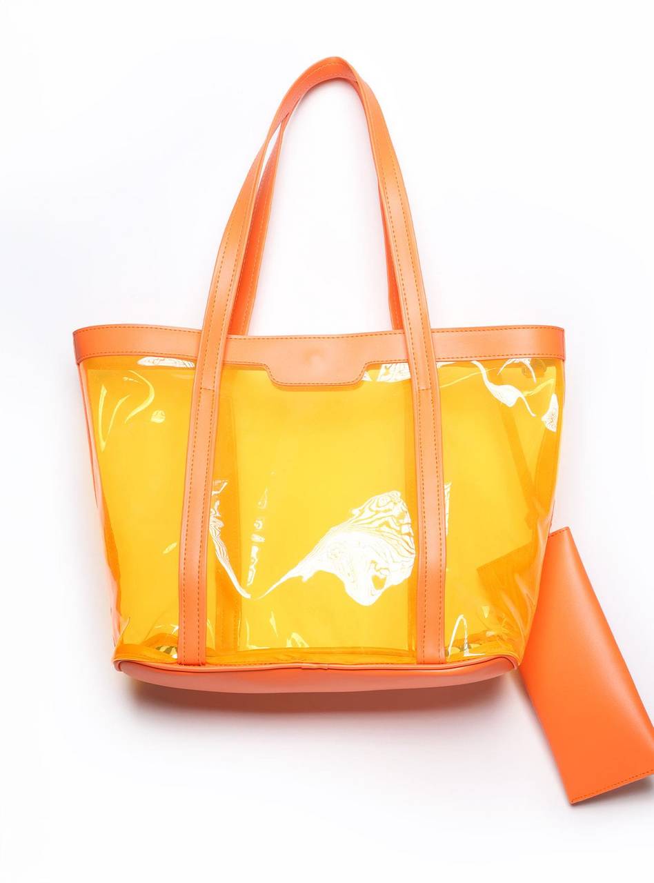 Bolsa Shopper Praia Transparente Média Laranja BSI-5871 - LR