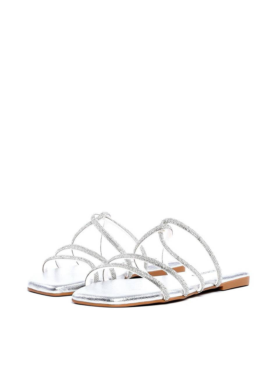 Rasteira com Tiras Cruzadas e Strass - Prata SDI-11891 - PT