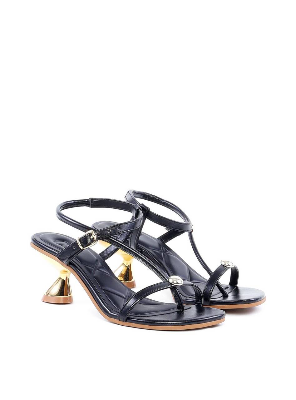 Sandália com Tira Lateral e Salto Dourado - Preta SDI-11852 - PR