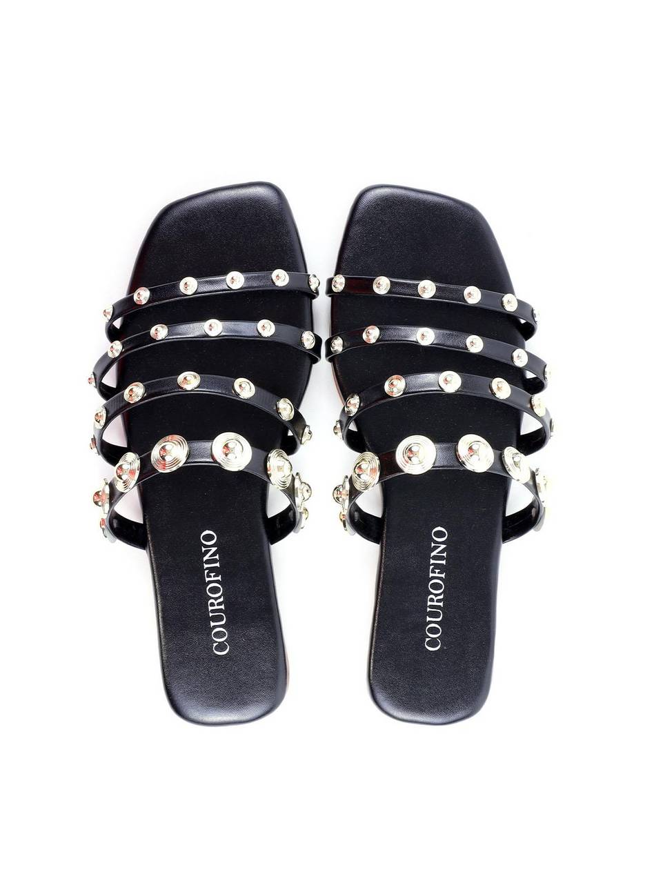 Rasteira com Tiras Finas e Rebites - Preta SDI-11895 - PR