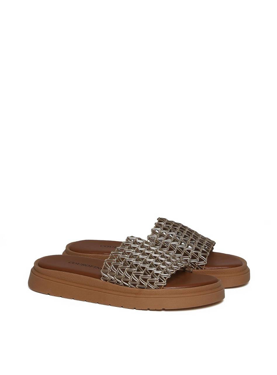 Sandália Flatform Slide com Tiras Tramadas - Ouro SDI-11654 - AU