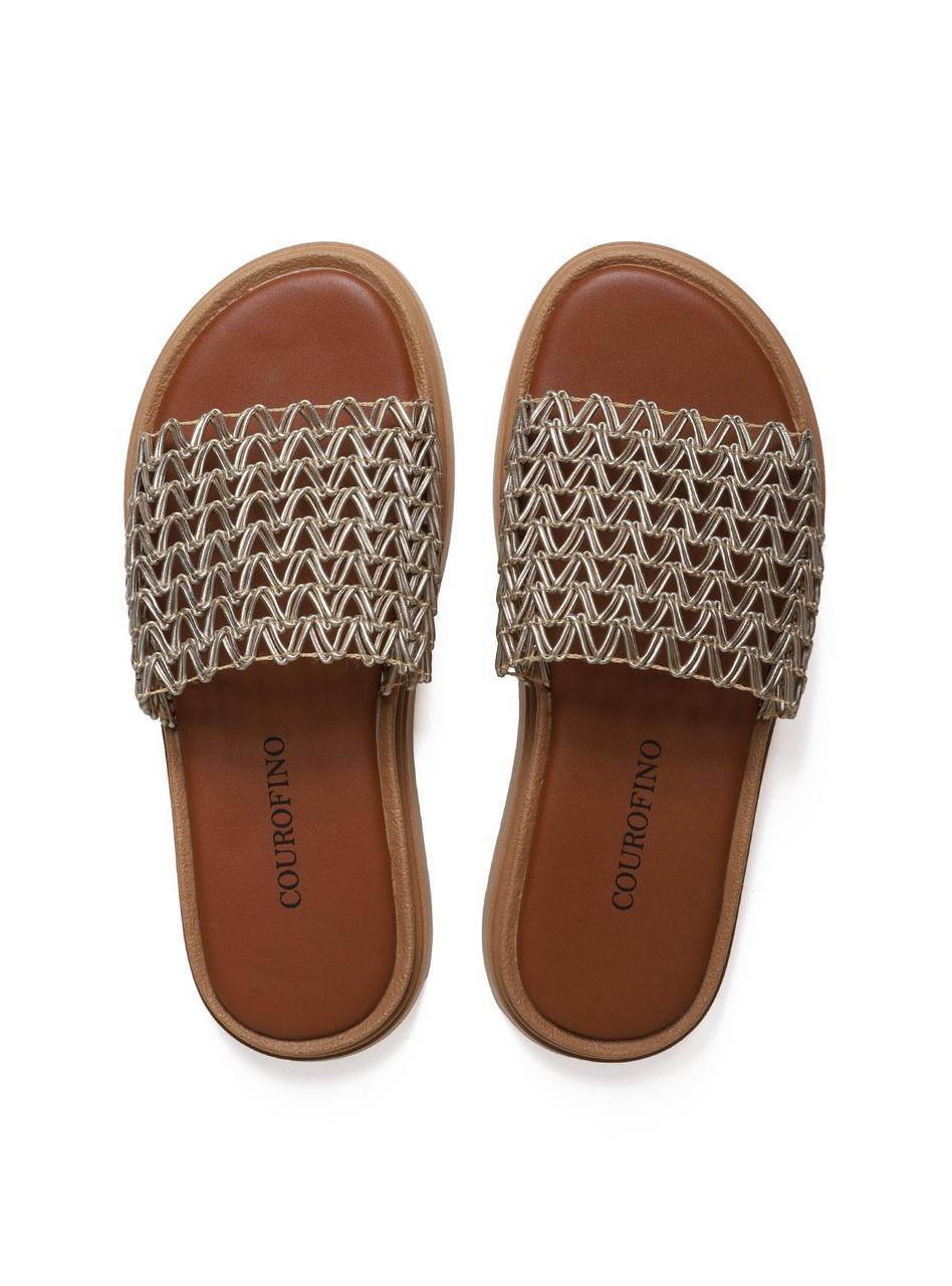 Sandália Flatform Slide com Tiras Tramadas - Ouro SDI-11654 - AU