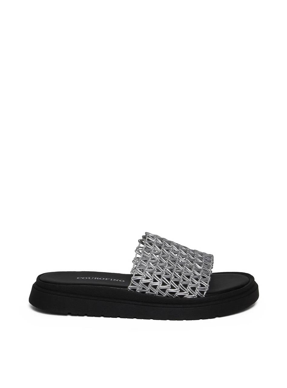 Sandália Flatform Slide com Tiras Tramadas - Prata SDI-11654 - PT
