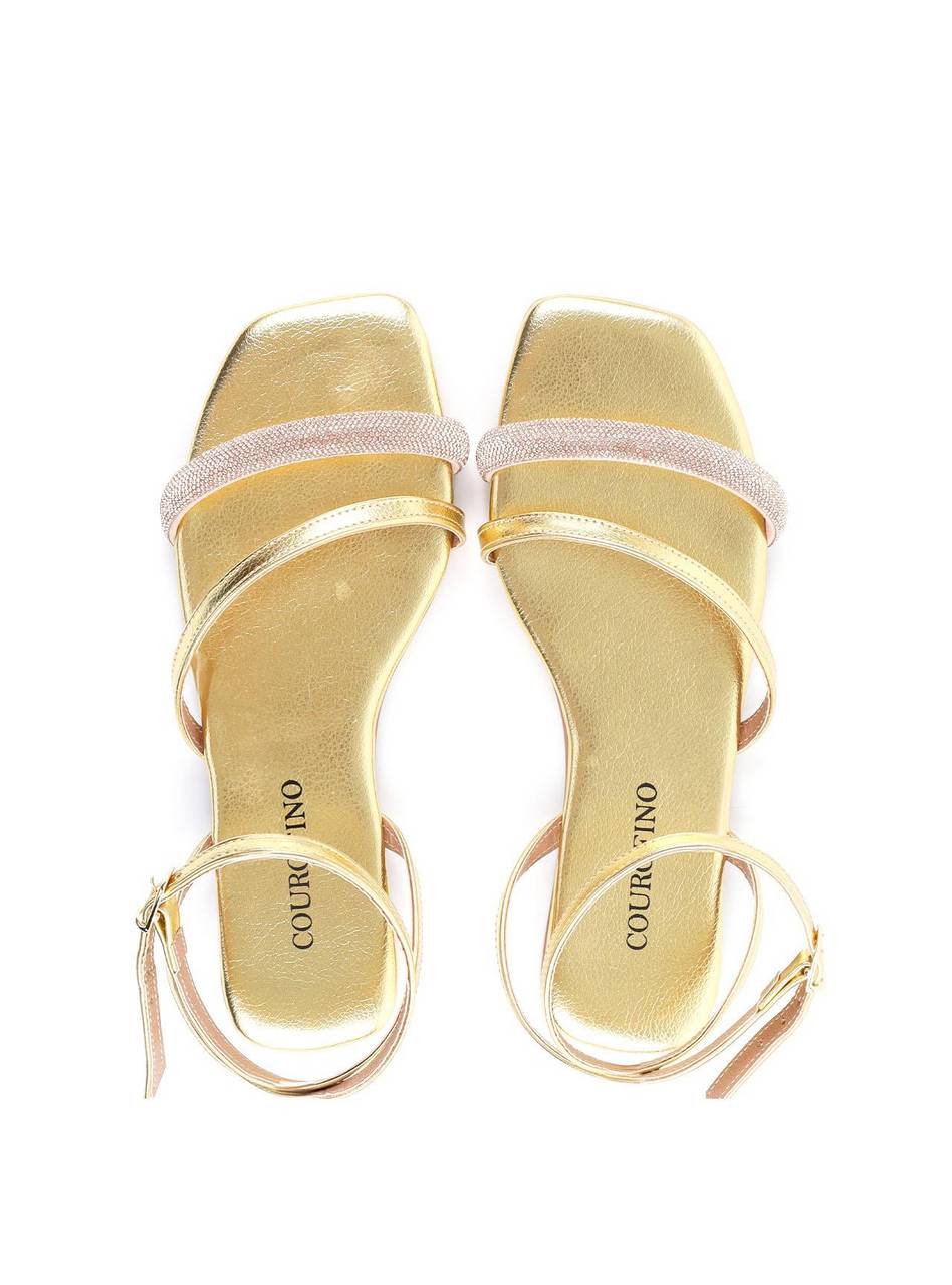 Rasteira Salto Flat com Tiras em Strass - Ouro SDI-11907 - AU