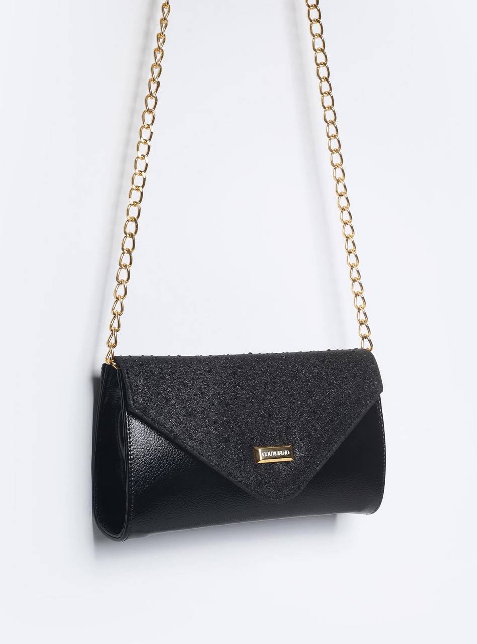 Bolsa Clutch Pequena Tiracolo Tampa Brilhosa Preta BSI-5874 - PR