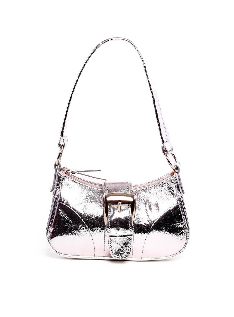 Bolsa Baguette Pequena Couro Fivela Grande - Prata BSI-5879 - PT