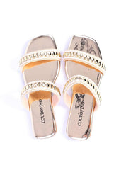 Sandália Feminina Rasteira com Duas Tiras de Crochê - Ouro SDI-11695 - AU