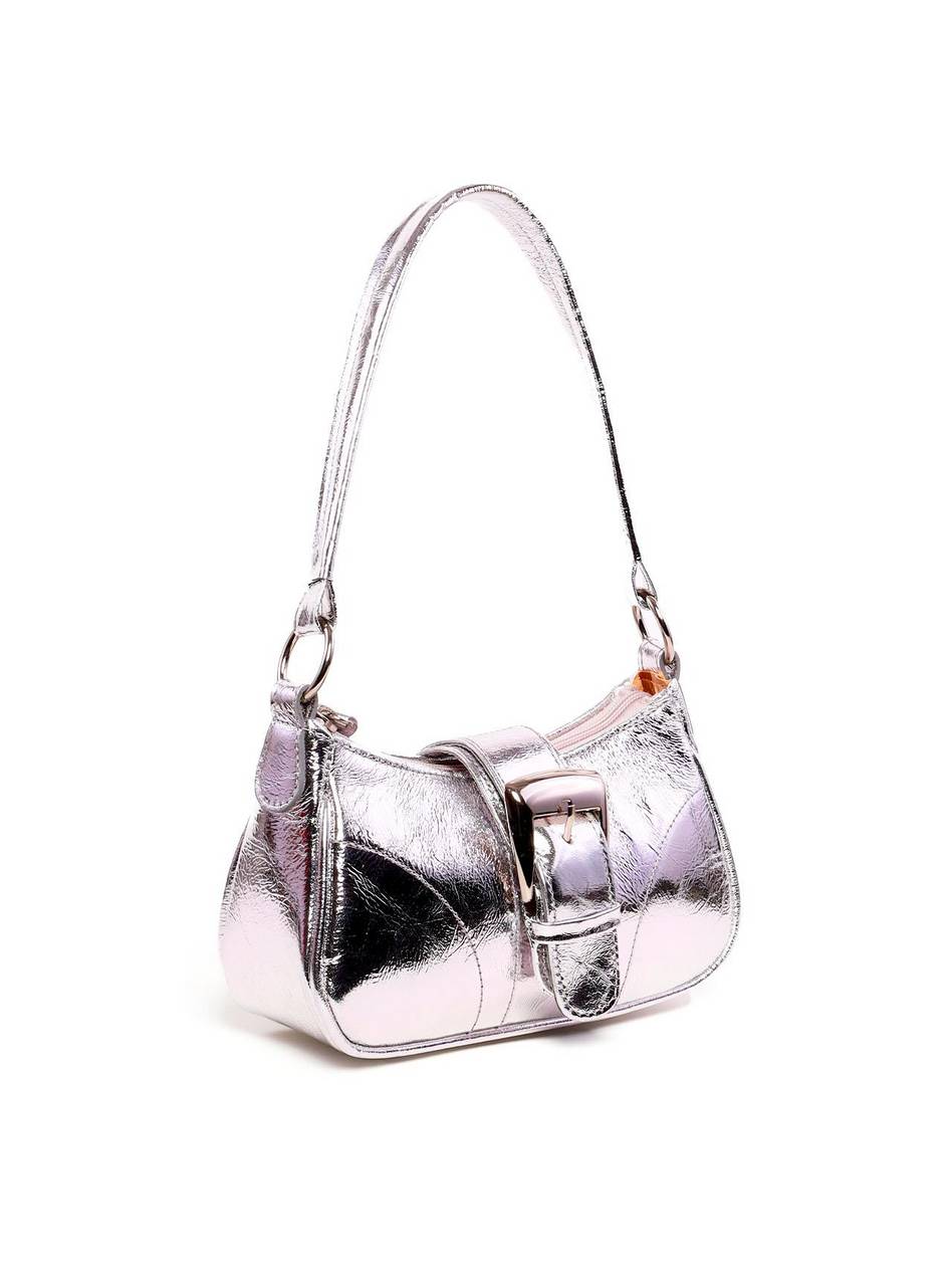 Bolsa Baguette Pequena Couro Fivela Grande - Prata BSI-5879 - PT