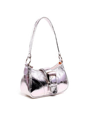 Bolsa Baguette Pequena Couro Fivela Grande - Prata BSI-5879 - PT