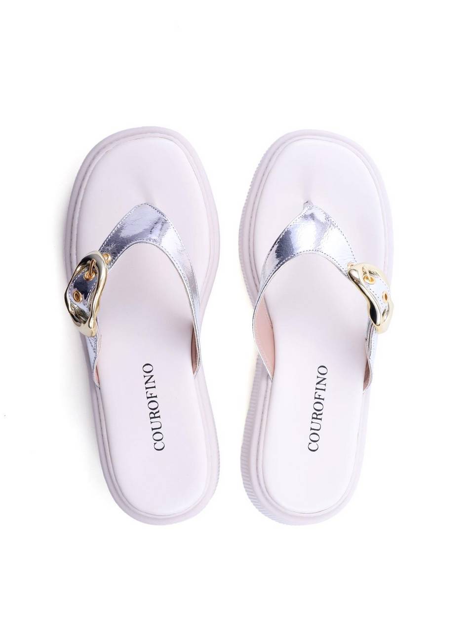 Sandália Flatform Dedo com Fivela - Prata SDI-11757 - PT