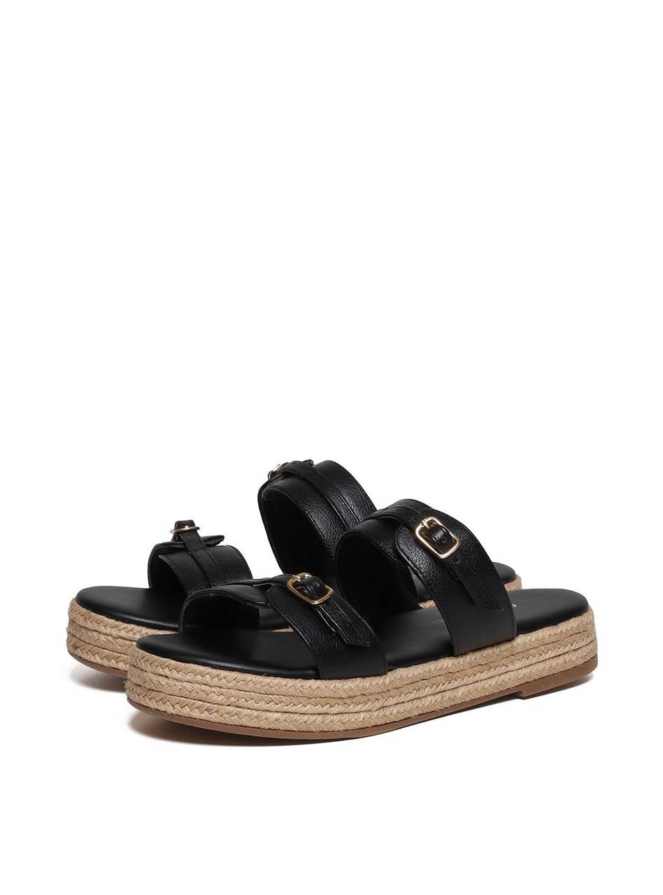 Sandália Flatform Salto em Cordas com Duas Tiras com Fivelas - Preta SDI-11677 - PR