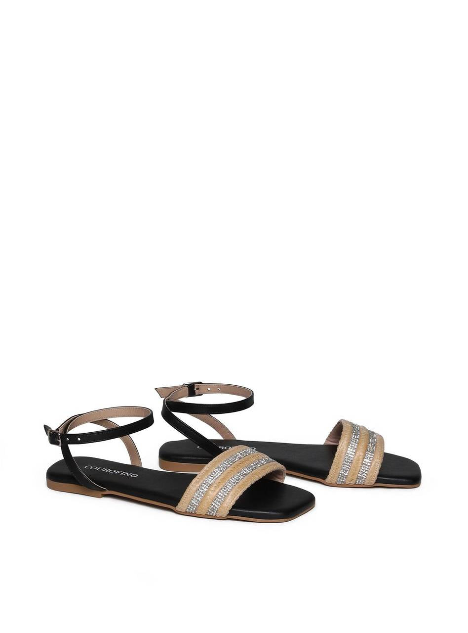 Sandália Feminina Rasteira Rosto Palha - Preta SDI-11641 - PR