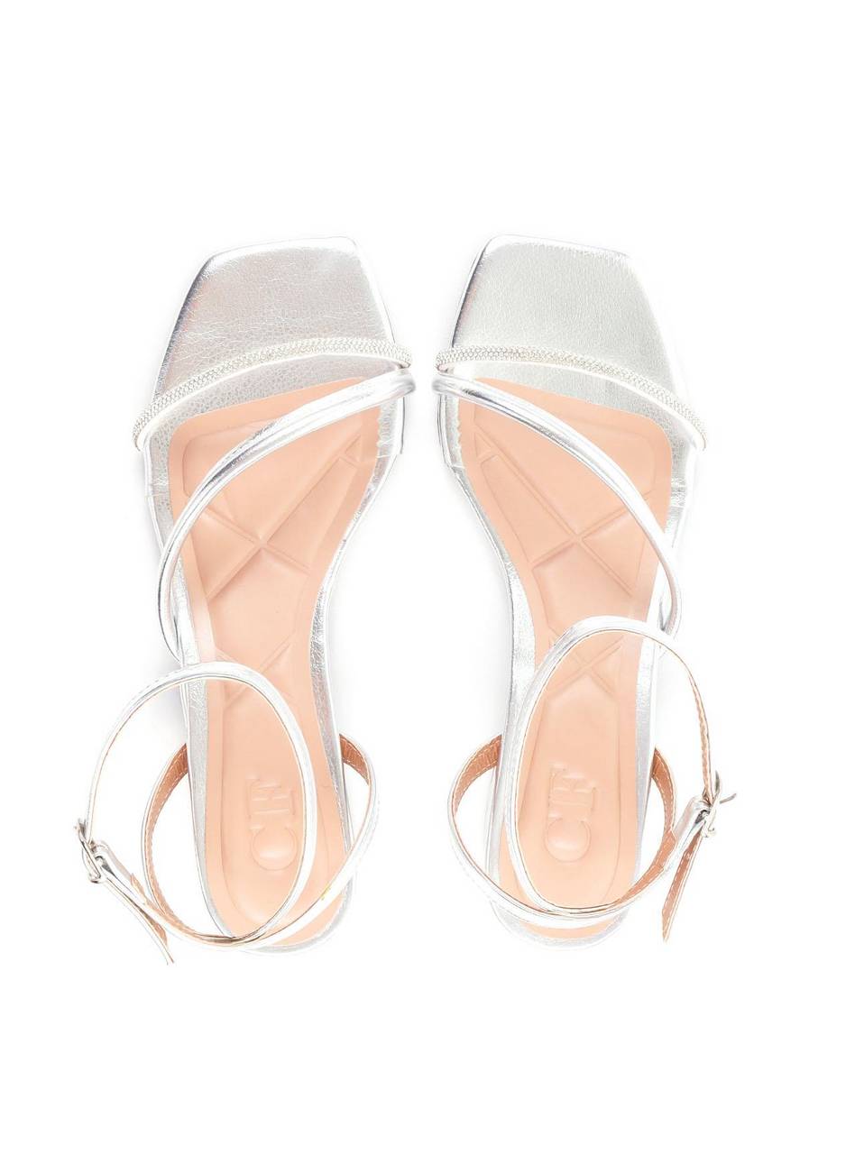 Sandália Salto Bloco com Tira Lateral e Strass - Prata SDI-11919 - PT