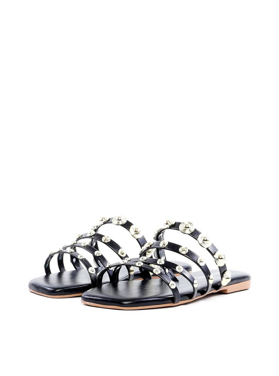 Rasteira com Tiras Finas e Rebites - Preta SDI-11895 - PR