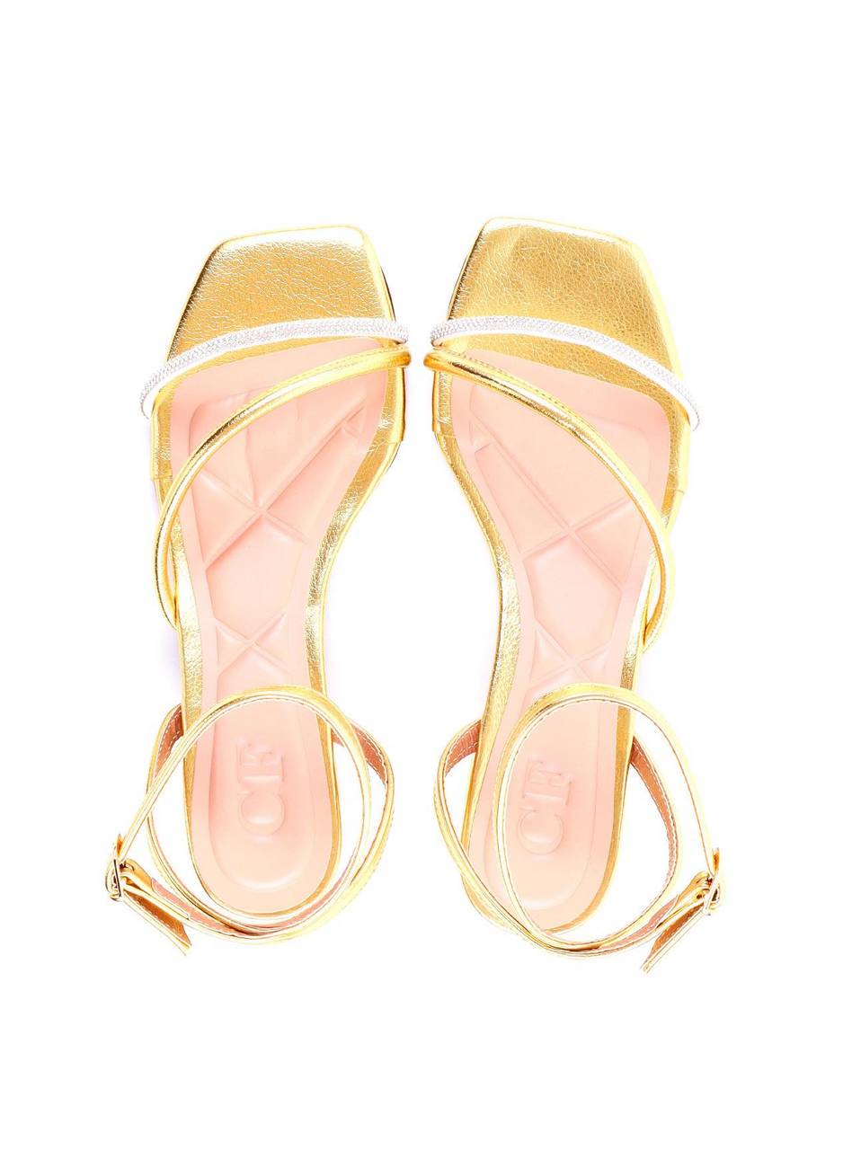 Sandália Salto Bloco com Tira Lateral e Strass - Ouro SDI-11919 - AU