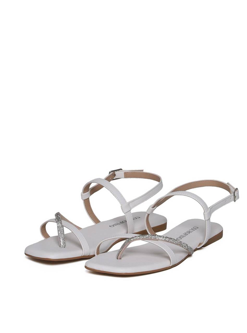 Sandália Rasteira com Tiras Finas em Strass - Branca SDI-11681 - BR