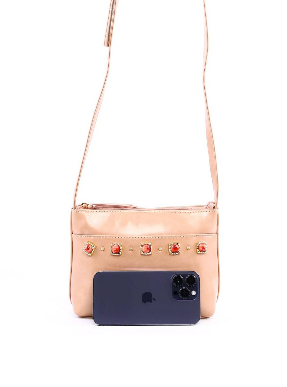 Bolsa Tote Transversal com Pedraria - Nude BSI-6362 - NU